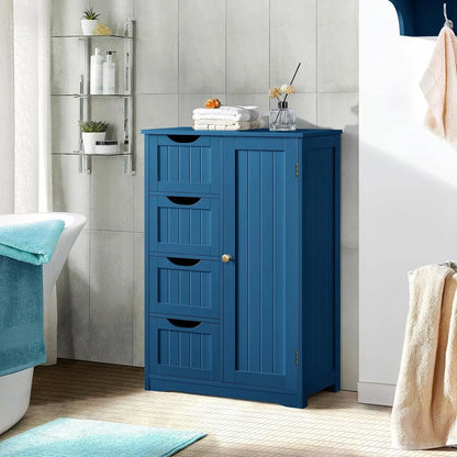 Wooden Bathroom Floor Cabinet, Side Storage Organizer Cabinet with 4 Drawers and 1 Cupboard, Freestanding Entryway Storage Unit Console Table, Bathroom Furniture Home Decor, Navy Blue-3