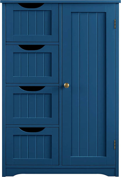Wooden Bathroom Floor Cabinet, Side Storage Organizer Cabinet with 4 Drawers and 1 Cupboard, Freestanding Entryway Storage Unit Console Table, Bathroom Furniture Home Decor, Navy Blue-0