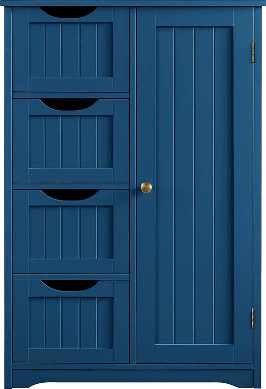 Wooden Bathroom Floor Cabinet, Side Storage Organizer Cabinet with 4 Drawers and 1 Cupboard, Freestanding Entryway Storage Unit Console Table, Bathroom Furniture Home Decor, Navy Blue-0