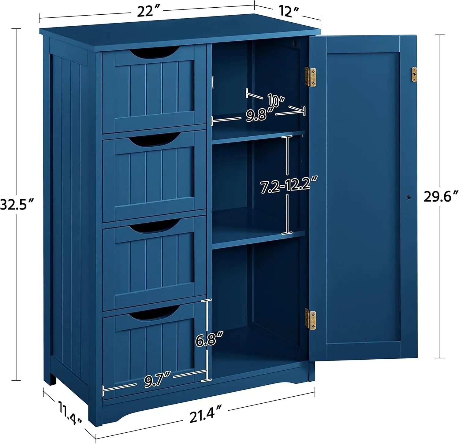Wooden Bathroom Floor Cabinet, Side Storage Organizer Cabinet with 4 Drawers and 1 Cupboard, Freestanding Entryway Storage Unit Console Table, Bathroom Furniture Home Decor, Navy Blue-2