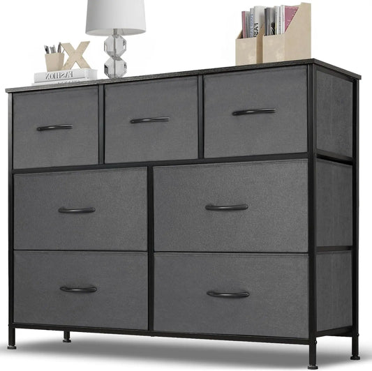 Dresser for Bedroom, 7 Storage Drawers, Anti-Tip Wide Fabric Closet Chests Organizer Tower Furniture, TV Stand for TV up to 45 Inch with Wooden Top Metal Frame for Clothes, Living Room-0