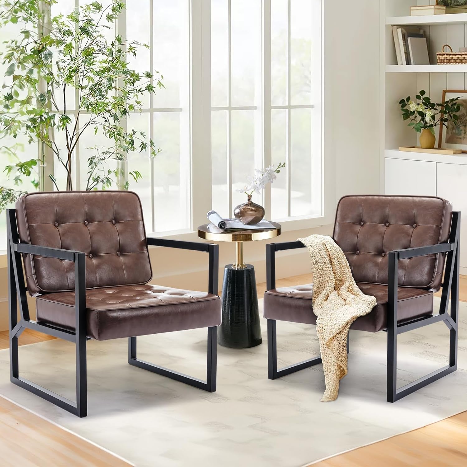 Mid Century Modern Accent Chair Set of 2, Comfy Living Room Chair, Brown Leather Accent Chair, Faux Leather Reception Armchair with Metal Legs for Living Room Bedroom Reception Office, Brown-2