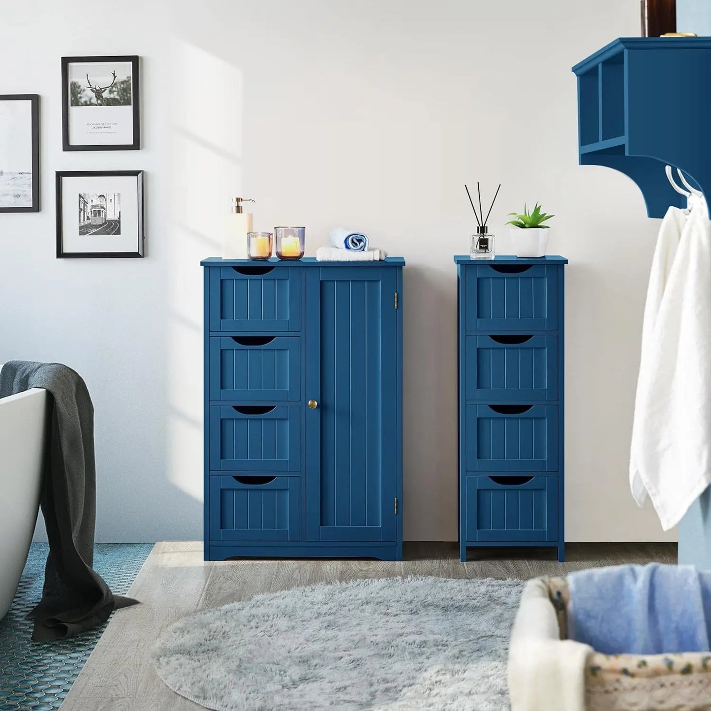 Wooden Bathroom Floor Cabinet, Side Storage Organizer Cabinet with 4 Drawers and 1 Cupboard, Freestanding Entryway Storage Unit Console Table, Bathroom Furniture Home Decor, Navy Blue-1