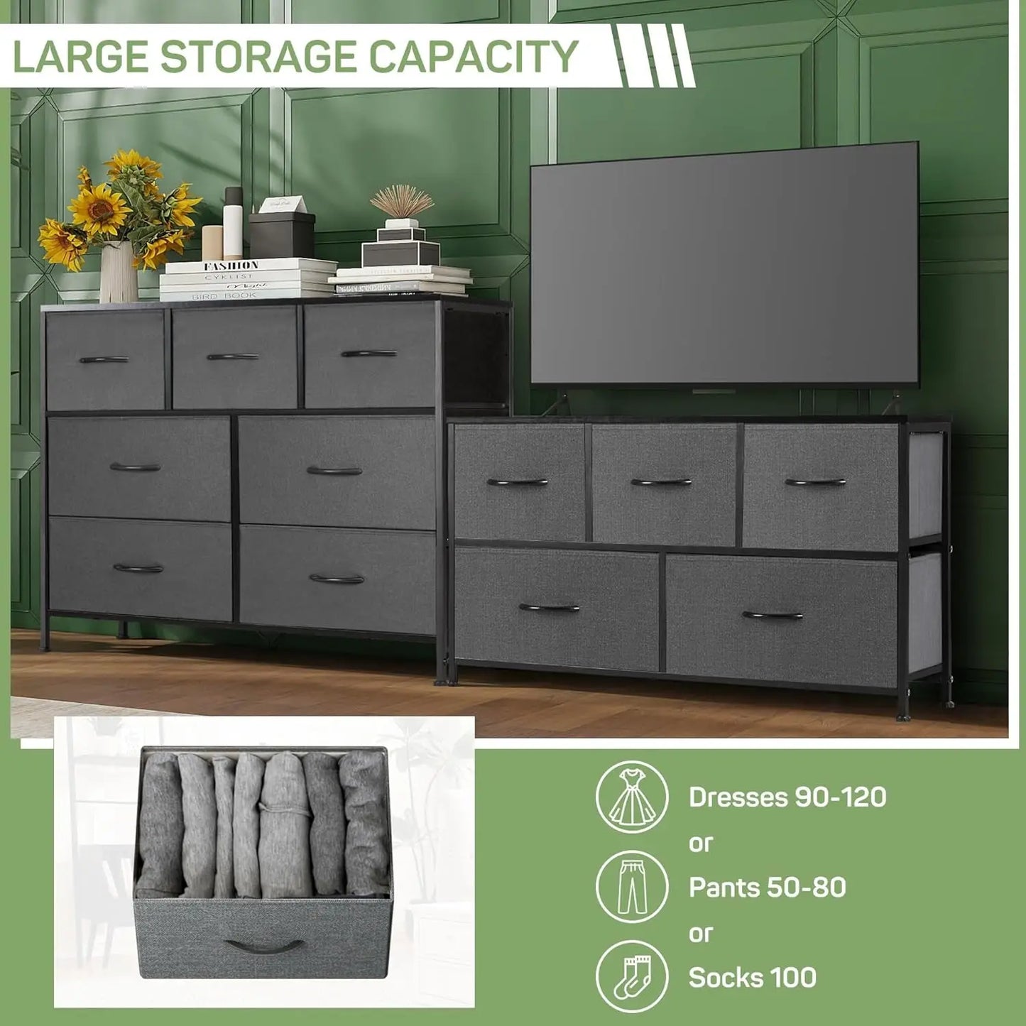Dresser for Bedroom, 7 Storage Drawers, Anti-Tip Wide Fabric Closet Chests Organizer Tower Furniture, TV Stand for TV up to 45 Inch with Wooden Top Metal Frame for Clothes, Living Room-3