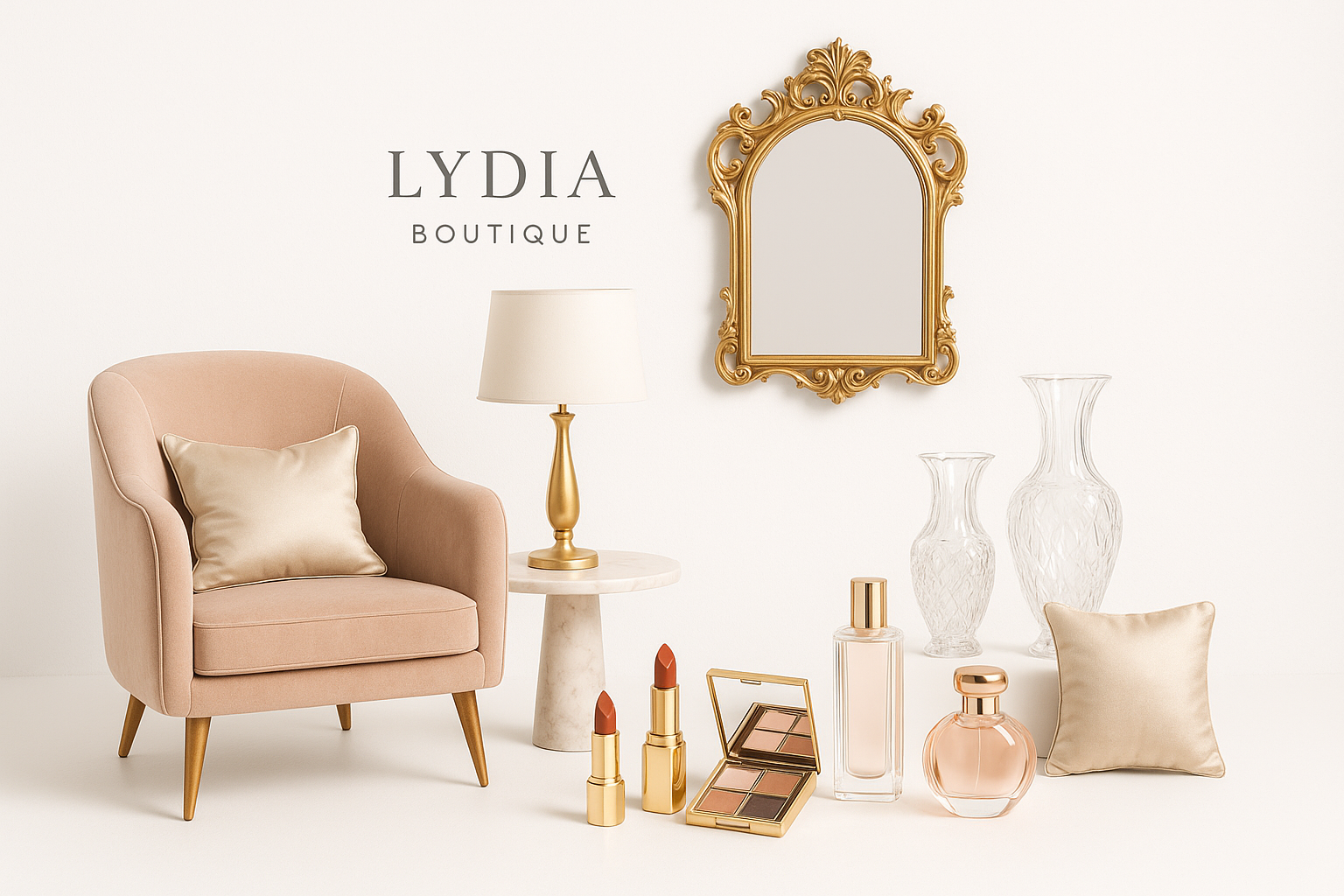 "Lydia Boutique" vente du cosmétique, meubles maison et décoration intérieure de luxe avec image fond blanc