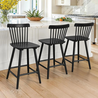 Upgraded Windsor Wooden Black Bar Stools Set of 3, 24 Inch Counter Height Barstools with Spindle Back/Bigger Seat for Kitchen Island-0