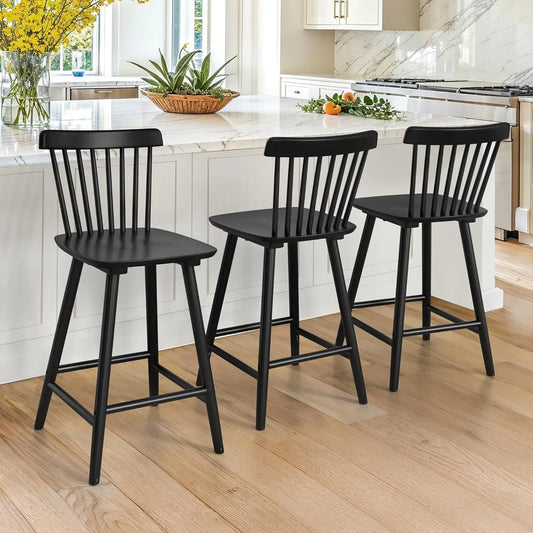 Upgraded Windsor Wooden Black Bar Stools Set of 3, 24 Inch Counter Height Barstools with Spindle Back/Bigger Seat for Kitchen Island-0