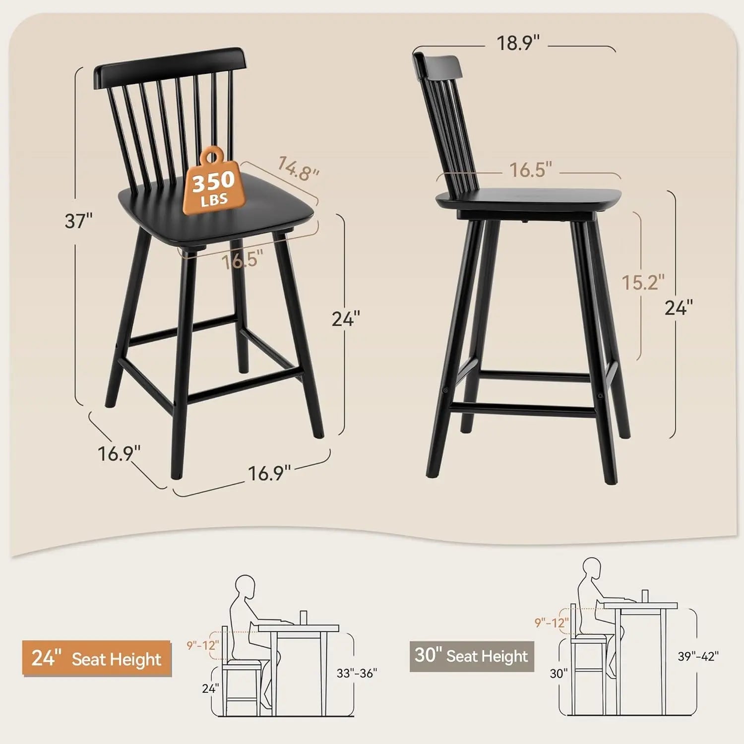 Upgraded Windsor Wooden Black Bar Stools Set of 3, 24 Inch Counter Height Barstools with Spindle Back/Bigger Seat for Kitchen Island-1