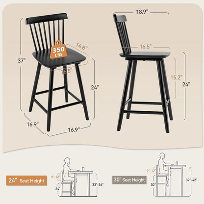 Upgraded Windsor Wooden Black Bar Stools Set of 3, 24 Inch Counter Height Barstools with Spindle Back/Bigger Seat for Kitchen Island-1