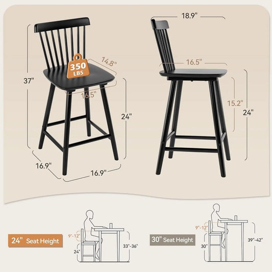 Upgraded Windsor Wooden Black Bar Stools Set of 3, 24 Inch Counter Height Barstools with Spindle Back/Bigger Seat for Kitchen Island-1