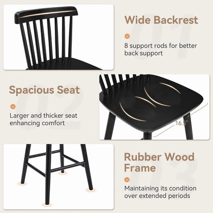 Upgraded Windsor Wooden Black Bar Stools Set of 3, 24 Inch Counter Height Barstools with Spindle Back/Bigger Seat for Kitchen Island-2