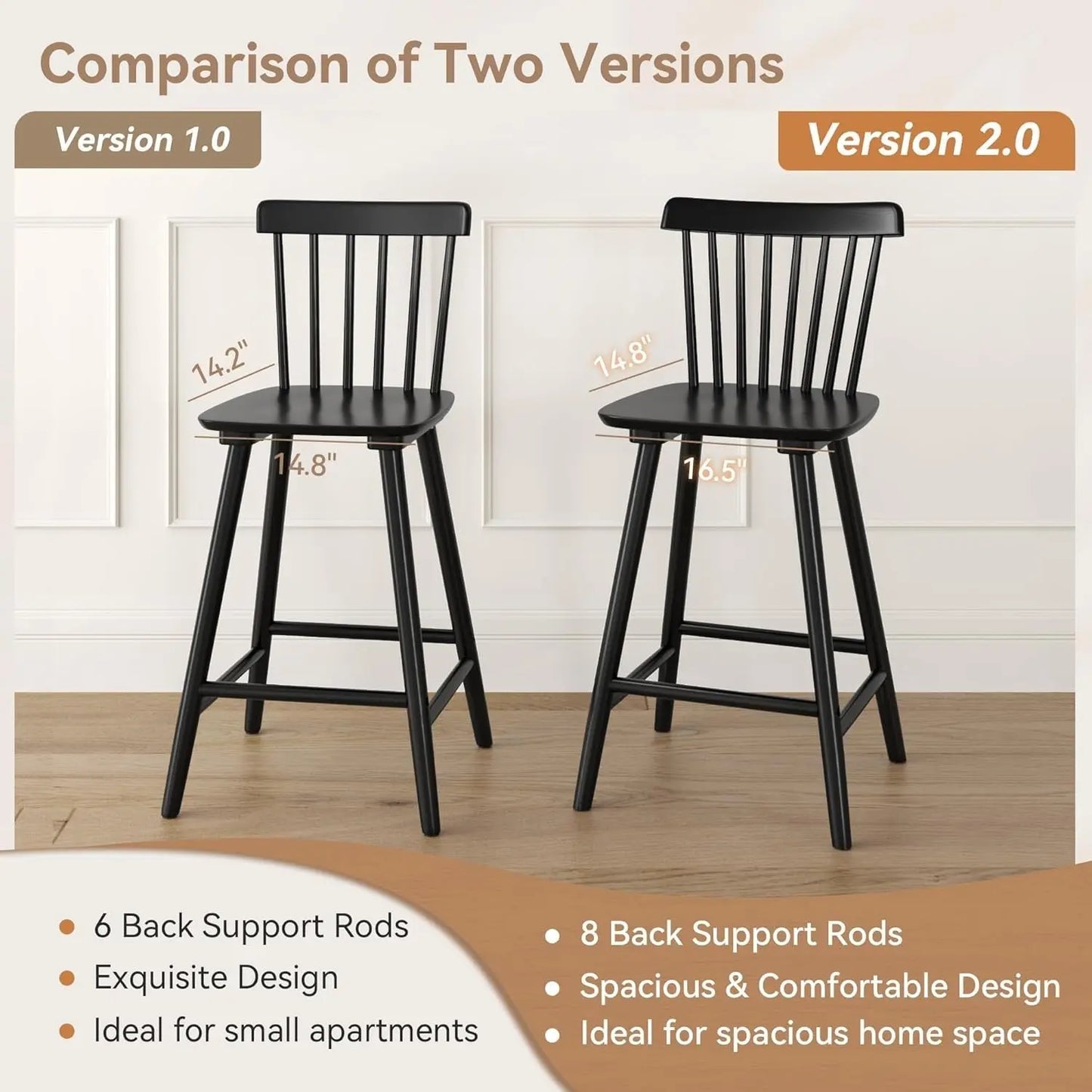 Upgraded Windsor Wooden Black Bar Stools Set of 3, 24 Inch Counter Height Barstools with Spindle Back/Bigger Seat for Kitchen Island-4