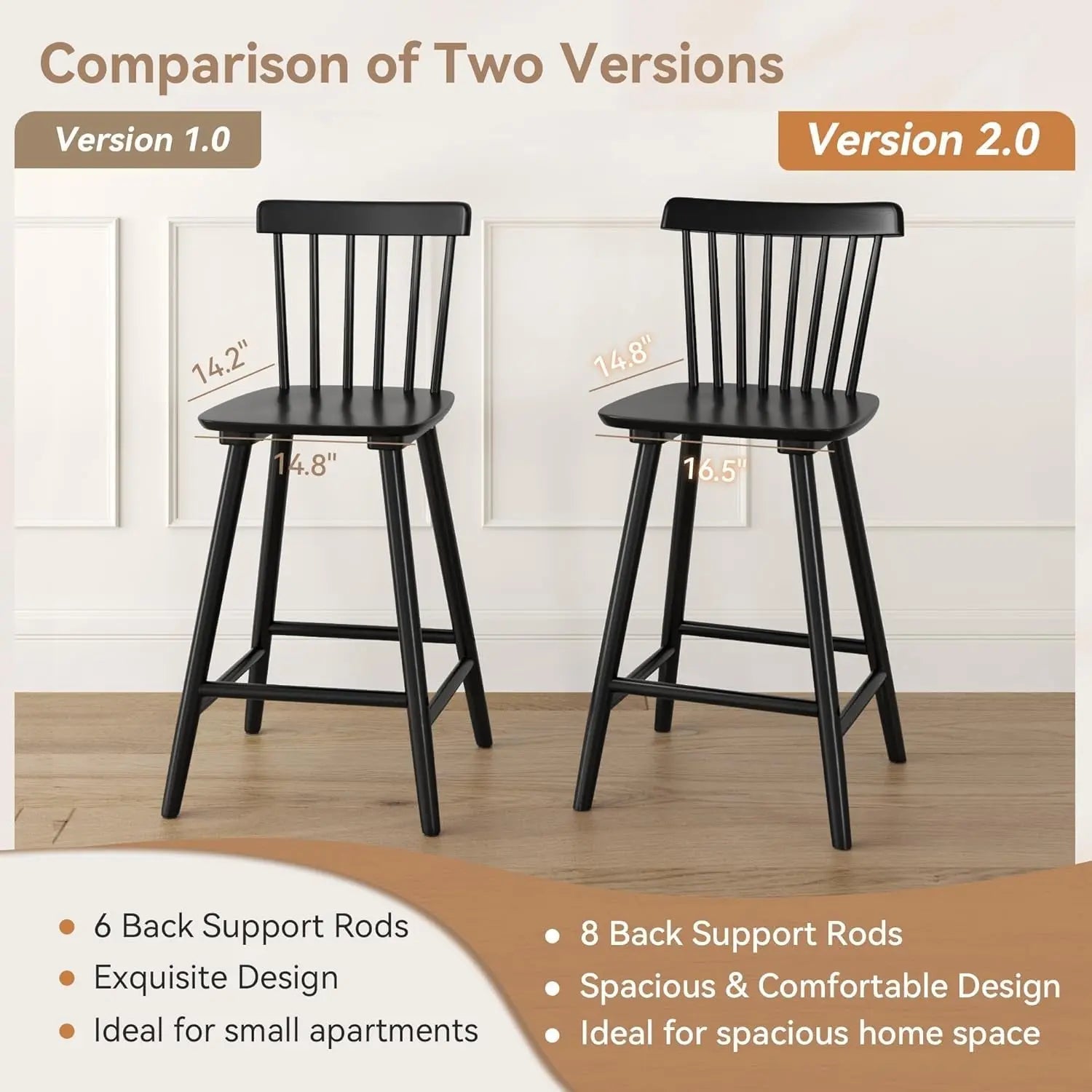 Upgraded Windsor Wooden Black Bar Stools Set of 3, 24 Inch Counter Height Barstools with Spindle Back/Bigger Seat for Kitchen Island-4
