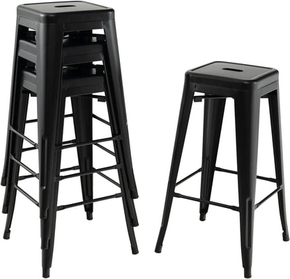 Metal Backless Bar Stools Set of 4, 30" Bar Height Modern Industrial Barstools W/Cut-Out Handle, Footrest, Rubber Foot Pads, Stackable Bar Dining Chairs for Kitchen Island, Black-0