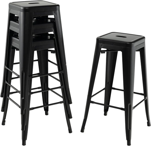 Metal Backless Bar Stools Set of 4, 30" Bar Height Modern Industrial Barstools W/Cut-Out Handle, Footrest, Rubber Foot Pads, Stackable Bar Dining Chairs for Kitchen Island, Black-0