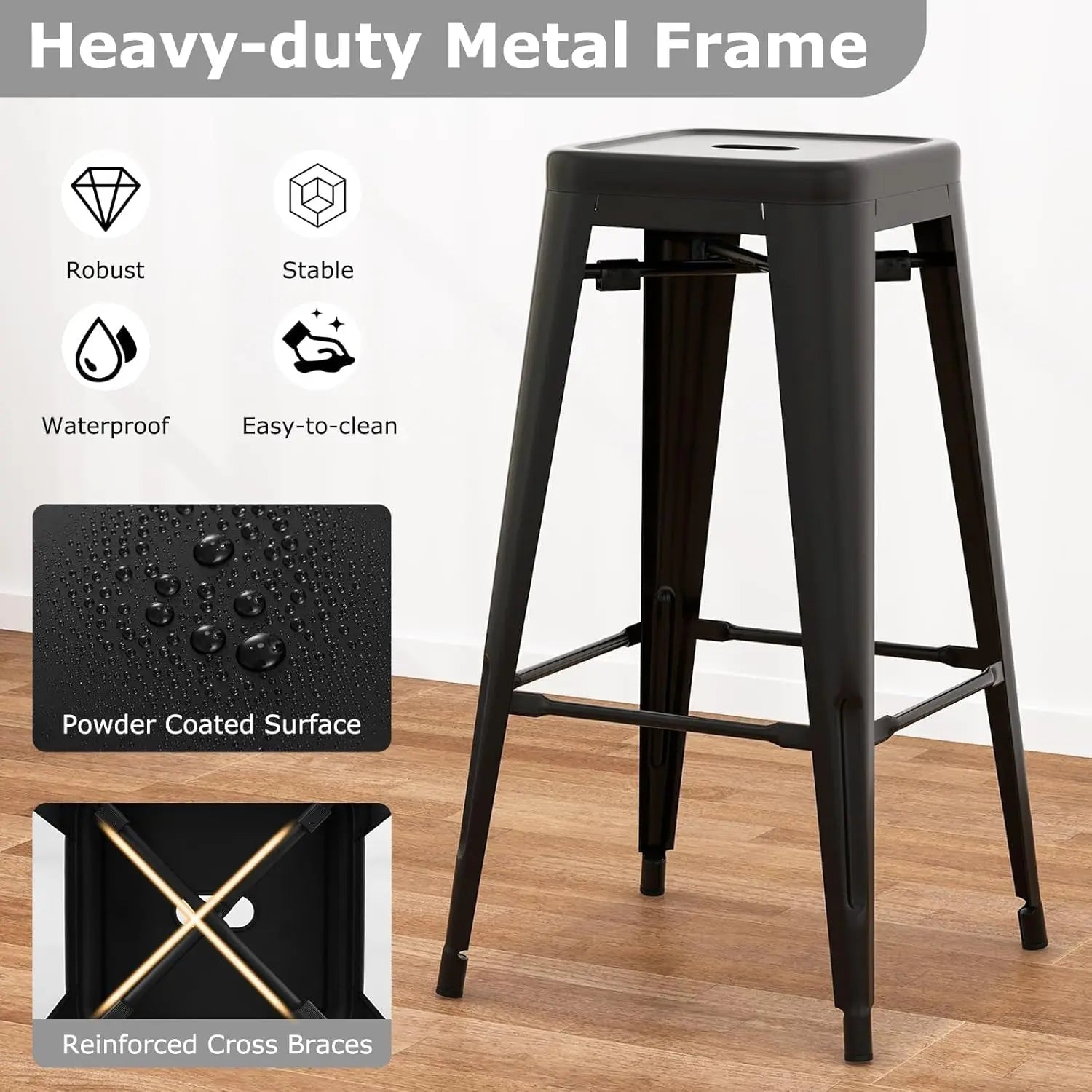 Metal Backless Bar Stools Set of 4, 30" Bar Height Modern Industrial Barstools W/Cut-Out Handle, Footrest, Rubber Foot Pads, Stackable Bar Dining Chairs for Kitchen Island, Black-4