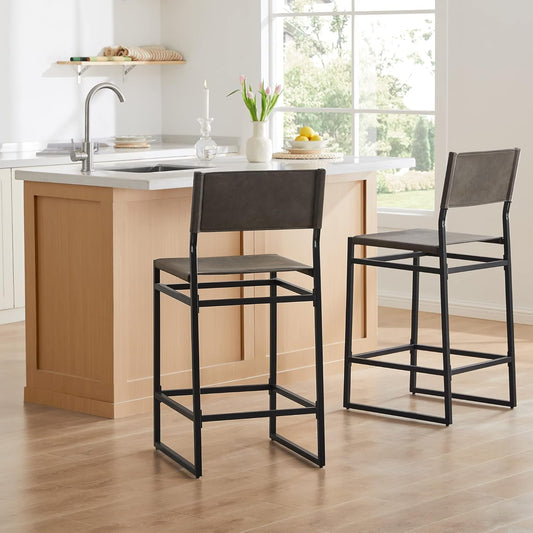 Faux Leather Counter Height Bar Stools Set of 2, Sling Armless Kitchen Barstools with Back and Metal Frame, 24" H Seat Height Counter Chairs, Grey-0
