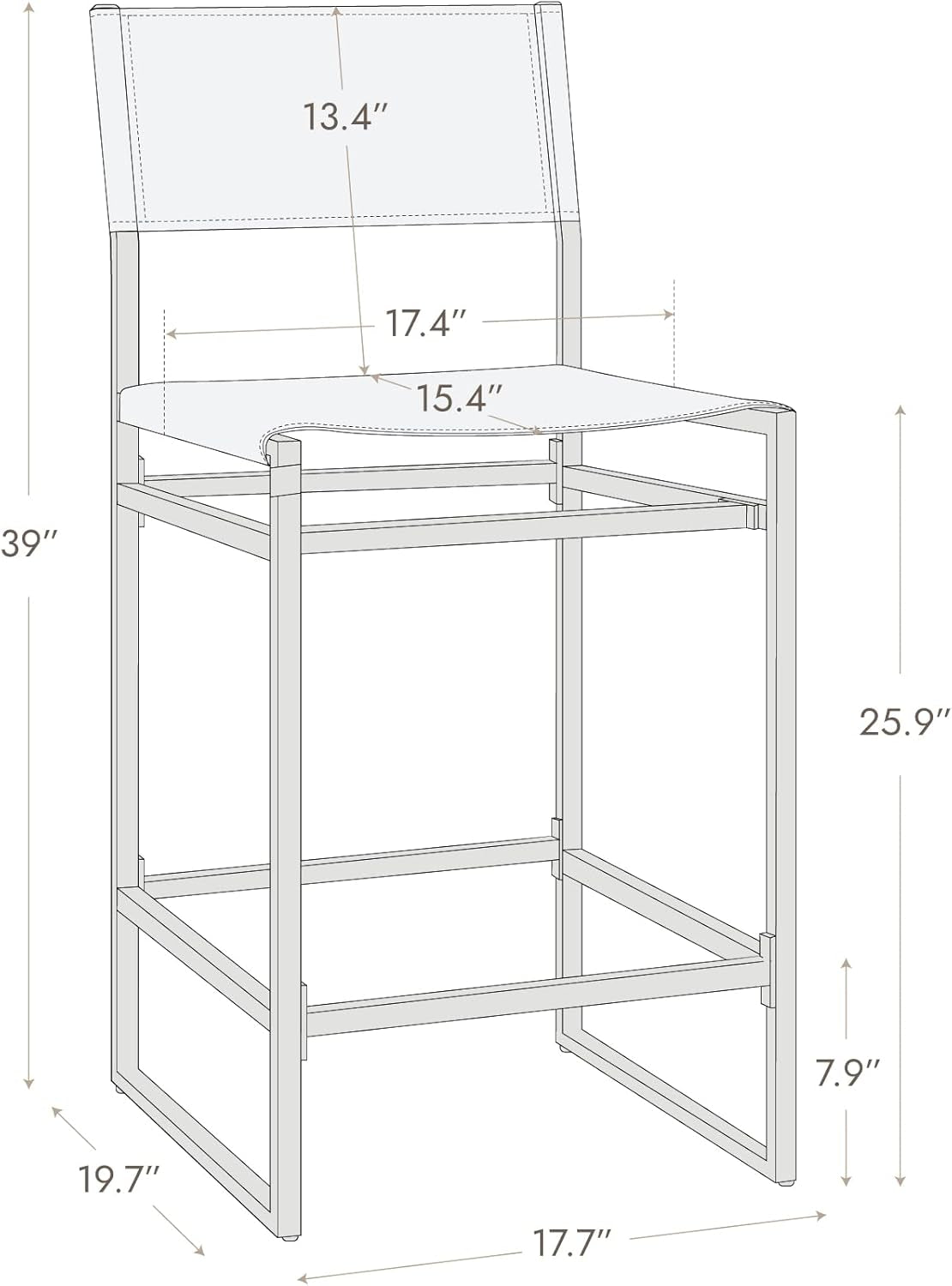 Faux Leather Counter Height Bar Stools Set of 2, Sling Armless Kitchen Barstools with Back and Metal Frame, 24" H Seat Height Counter Chairs, Grey-1