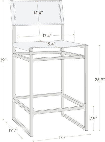 Faux Leather Counter Height Bar Stools Set of 2, Sling Armless Kitchen Barstools with Back and Metal Frame, 24" H Seat Height Counter Chairs, Grey-1
