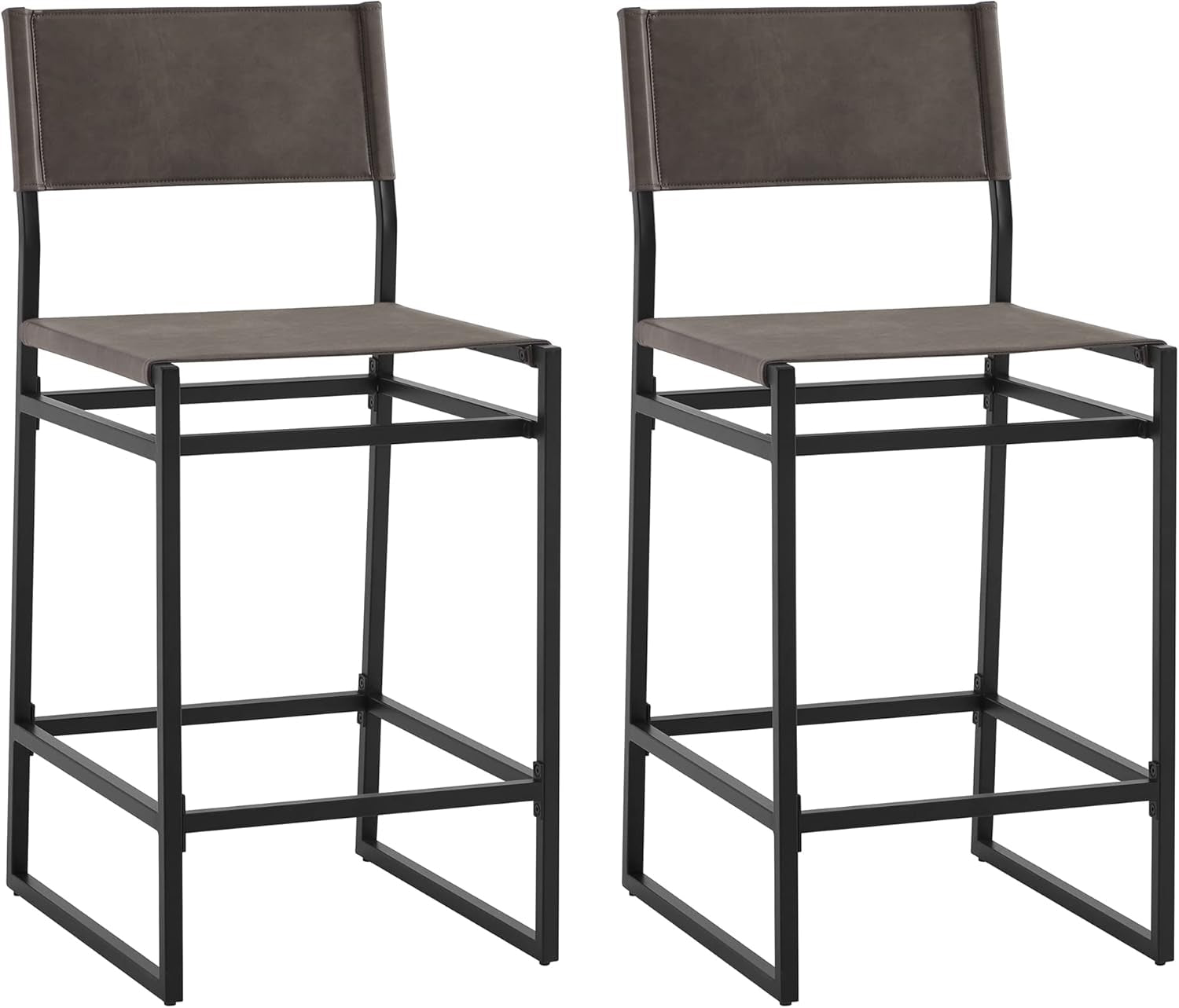 Faux Leather Counter Height Bar Stools Set of 2, Sling Armless Kitchen Barstools with Back and Metal Frame, 24" H Seat Height Counter Chairs, Grey-2