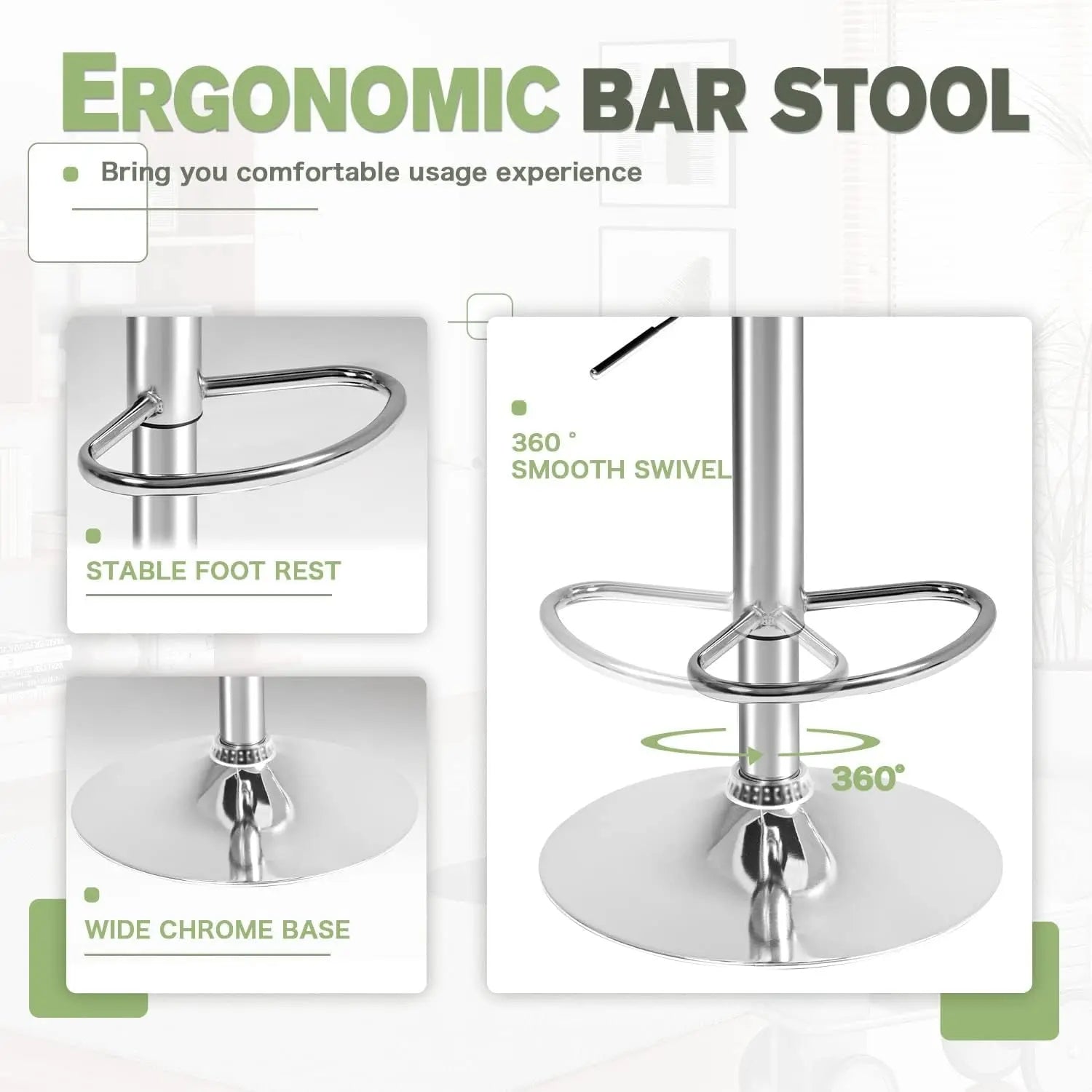 Bar Stools Modern Pu Leather Swivel Adjustable Hydraulic Bar Stool Square Counter Height Stool Set of 2 (Gray)-4