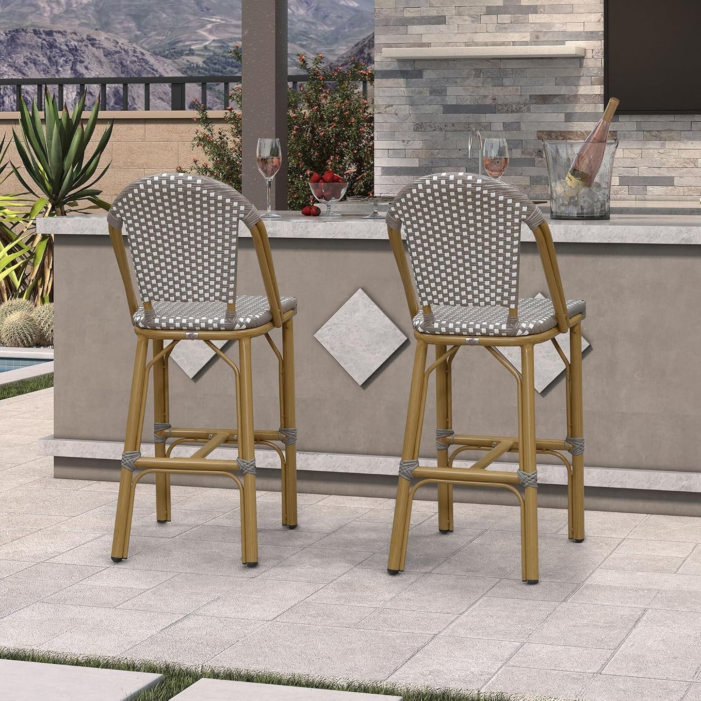 French Style Rattan Bar Stools Set for Outdoor Spaces-3