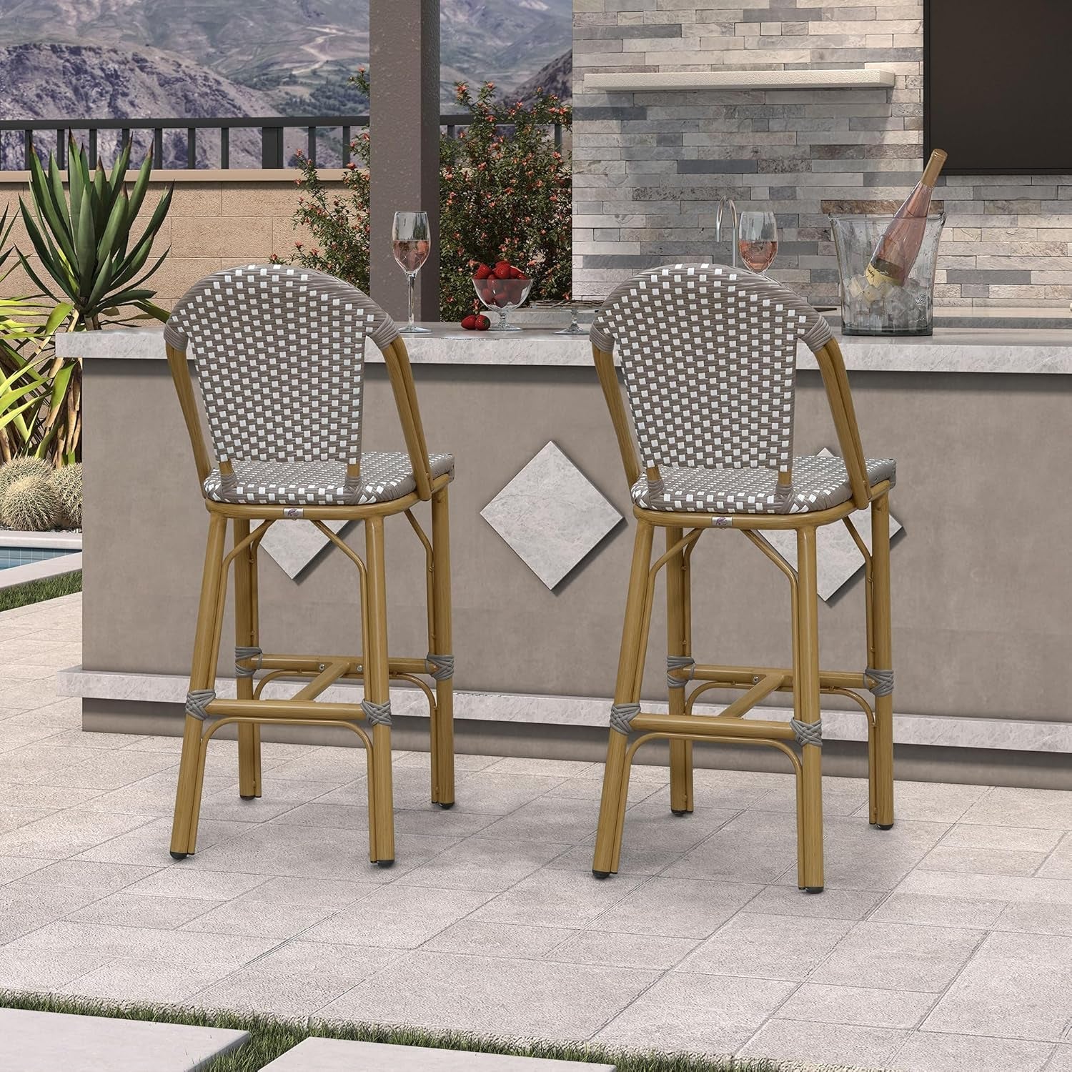 French Style Rattan Bar Stools Set for Outdoor Spaces-3
