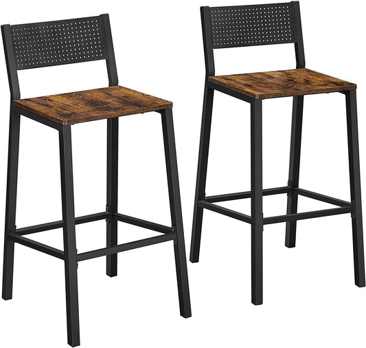 Bar Stools, Set of 2 Bar Chairs, Tall Bar Stools with Backrest, Industrial in Party Room, Rustic Brown and Black ULBC070B01-0