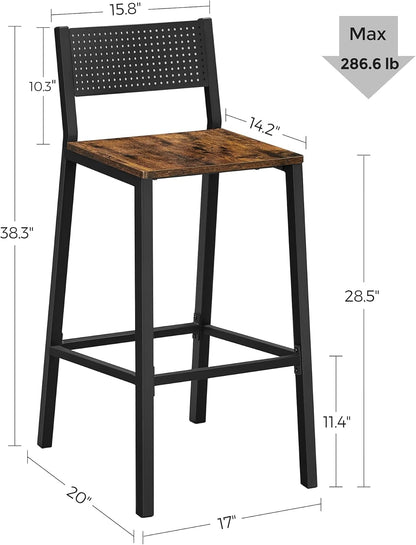 Bar Stools, Set of 2 Bar Chairs, Tall Bar Stools with Backrest, Industrial in Party Room, Rustic Brown and Black ULBC070B01-2