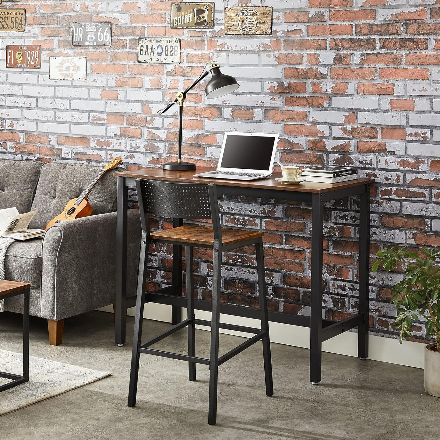 Bar Stools, Set of 2 Bar Chairs, Tall Bar Stools with Backrest, Industrial in Party Room, Rustic Brown and Black ULBC070B01-3