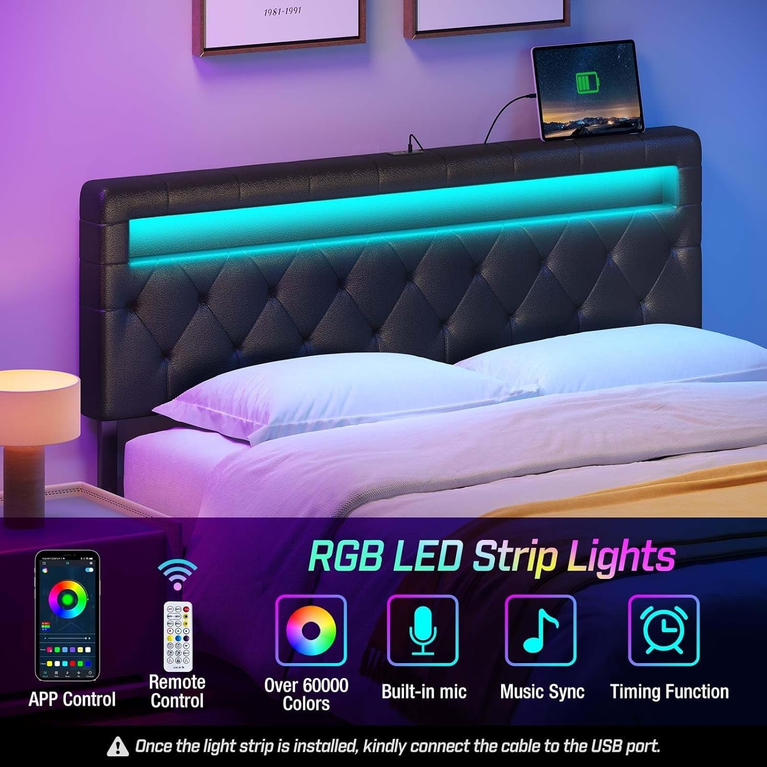 Adjustable Queen Size Headboard with 60000 LED Colors-3