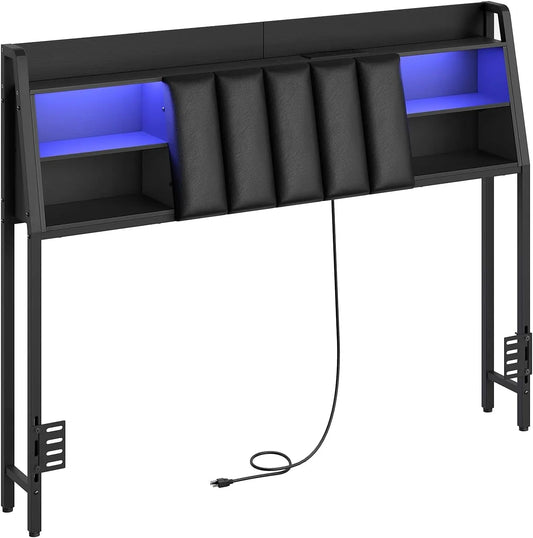 Queen Size Upholstered Headboard with LED Light Charging Station-0