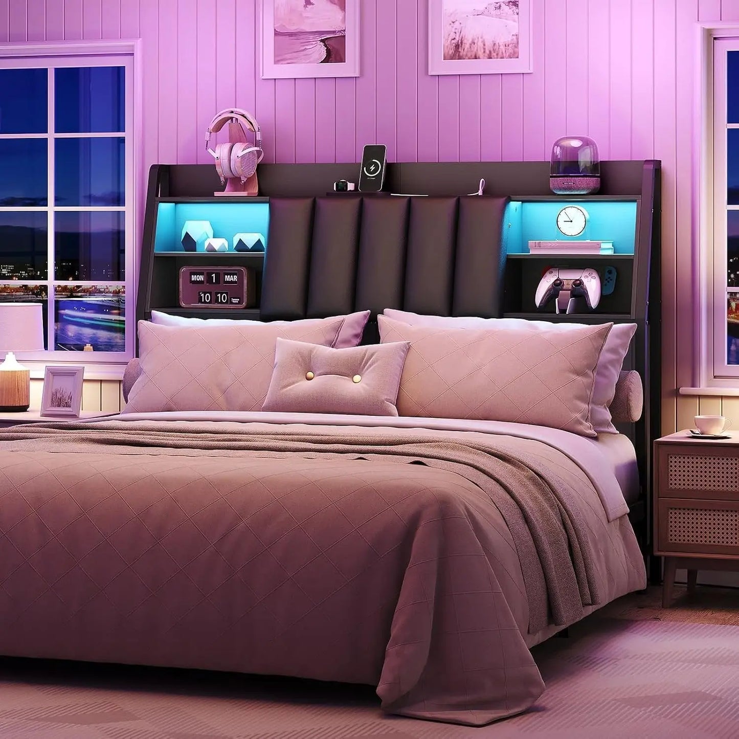 Queen Size Upholstered Headboard with LED Light Charging Station-1