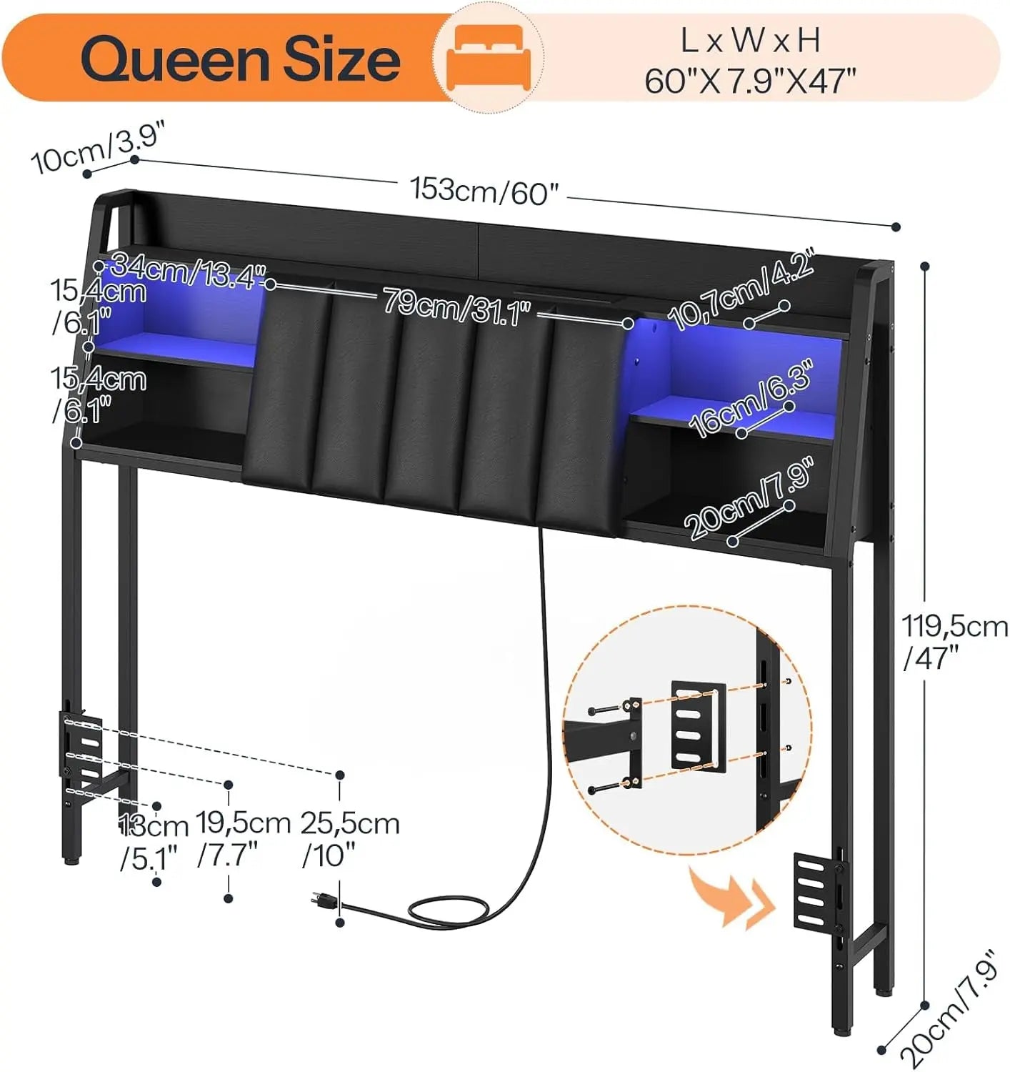Queen Size Upholstered Headboard with LED Light Charging Station-2