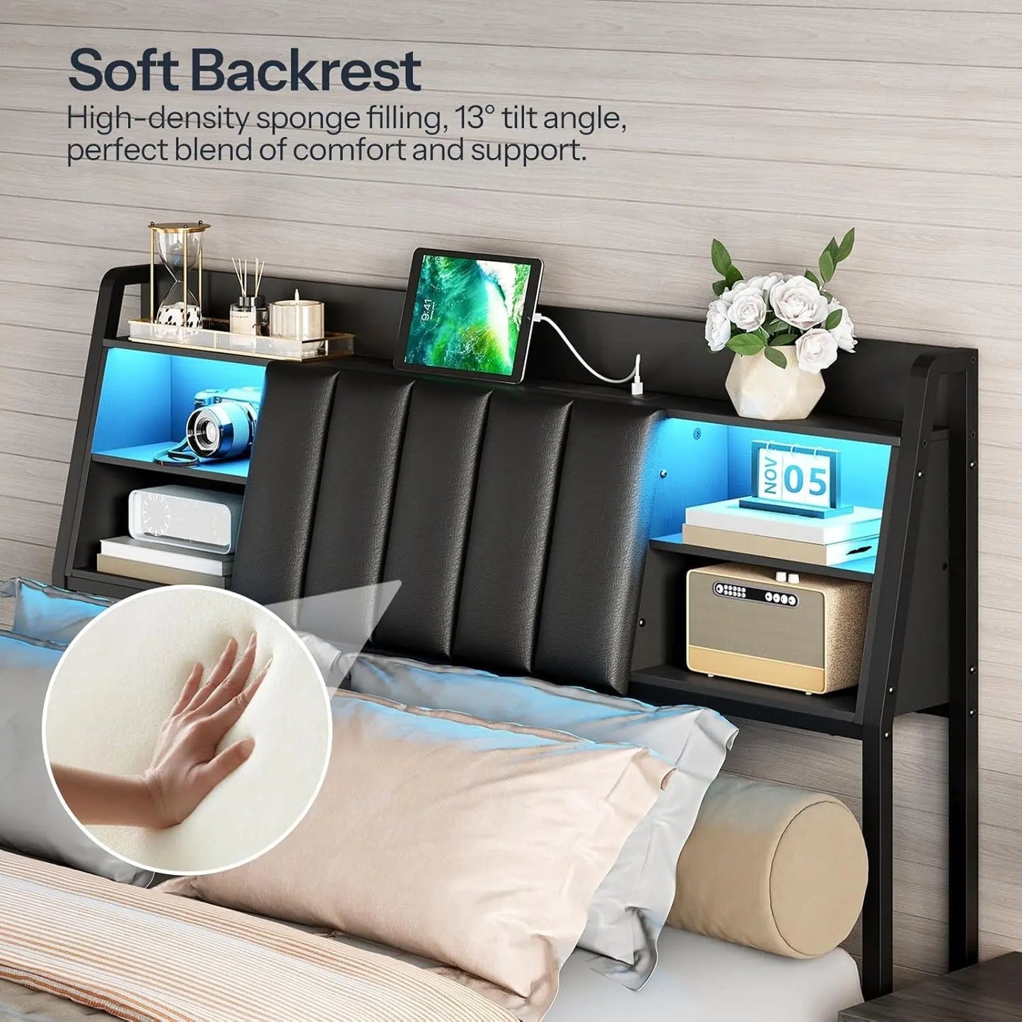 Queen Size Upholstered Headboard with LED Light Charging Station-4