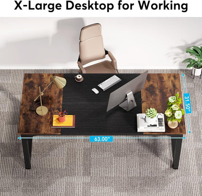 63 Inch Large Executive Computer Office Desk, Brown+Black-2