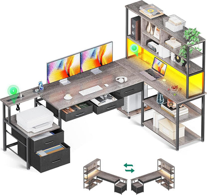 79 Inch L Shaped Desk with File Drawers, Reversible L Shaped Gaming Desk with Power Outlets & LED Lights, Computer Desk with Storage Shelves for Home Office, Grey Oak-0
