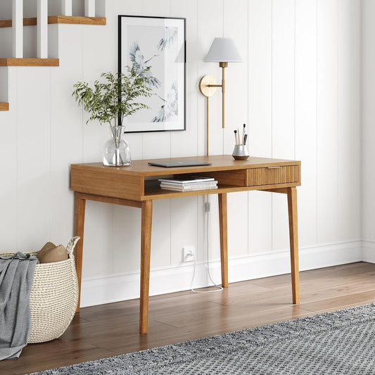 Jasper Small Home Office Desk with Storage, Bohemian Writing Desk with Drawer and Open Cubby, Natural Brown-0