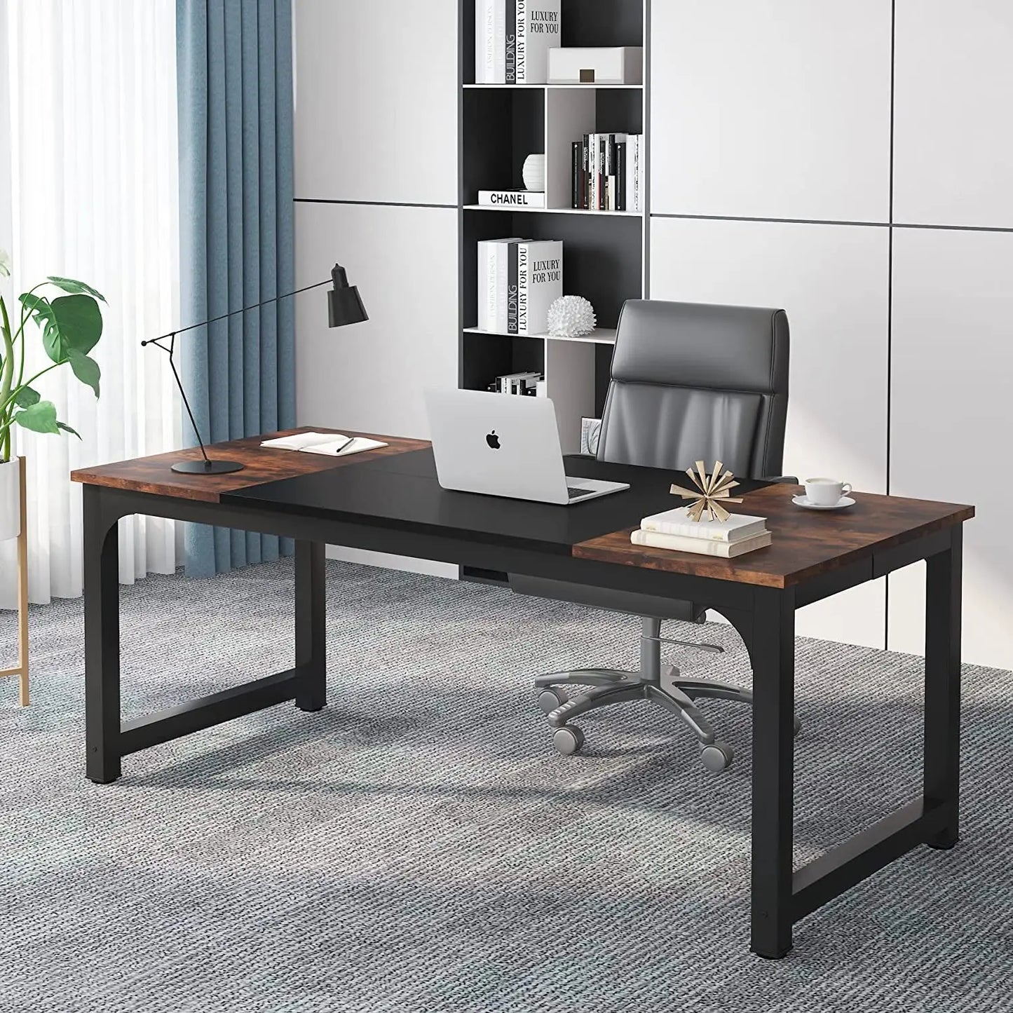70.8”Executive Desk, Large Office Computer Desk with Thicken Frame, Modern Simple Workstation Business Furniture for Home Office, Rustic Brown/Black-0