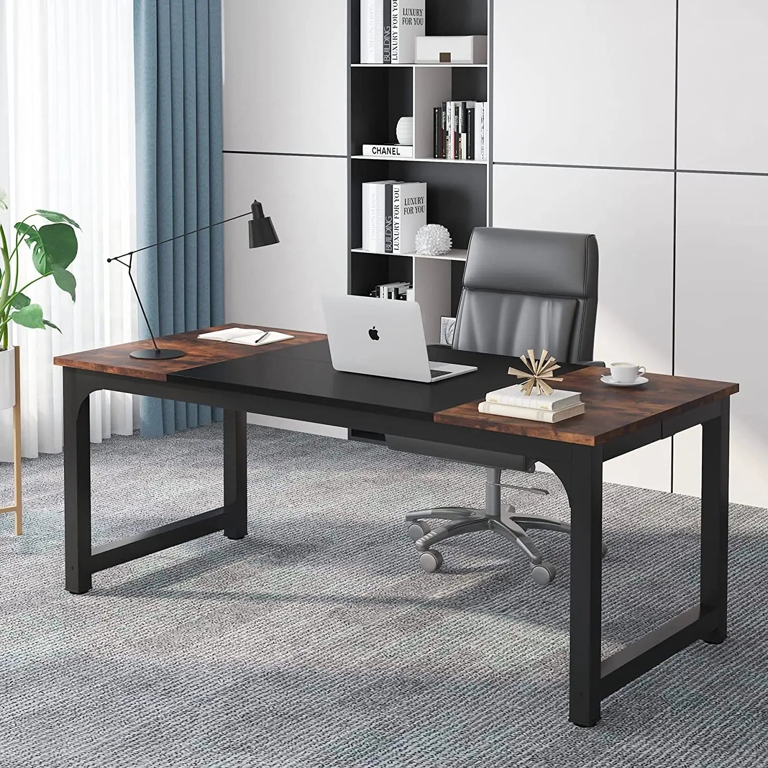 70.8”Executive Desk, Large Office Computer Desk with Thicken Frame, Modern Simple Workstation Business Furniture for Home Office, Rustic Brown/Black-0