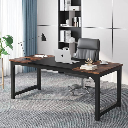 70.8”Executive Desk, Large Office Computer Desk with Thicken Frame, Modern Simple Workstation Business Furniture for Home Office, Rustic Brown/Black-0