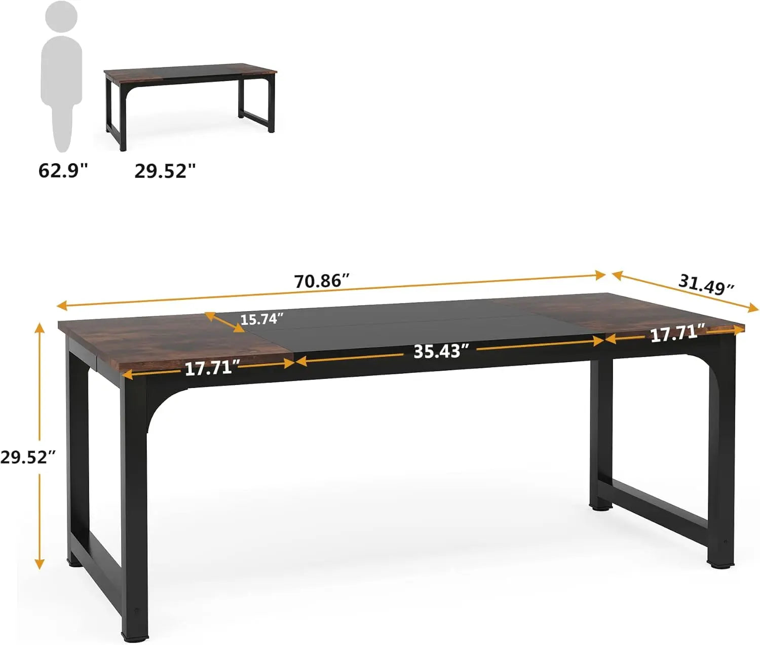 70.8”Executive Desk, Large Office Computer Desk with Thicken Frame, Modern Simple Workstation Business Furniture for Home Office, Rustic Brown/Black-1