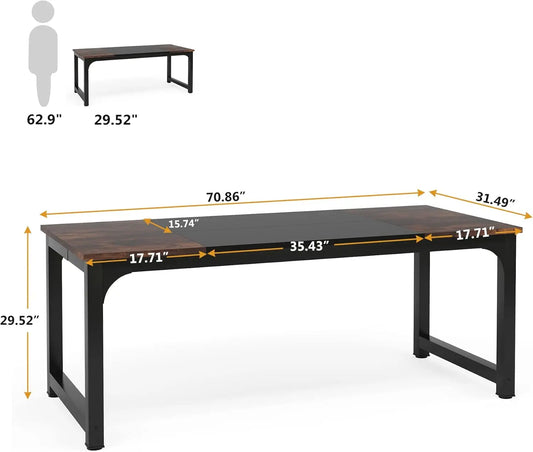 70.8”Executive Desk, Large Office Computer Desk with Thicken Frame, Modern Simple Workstation Business Furniture for Home Office, Rustic Brown/Black-1