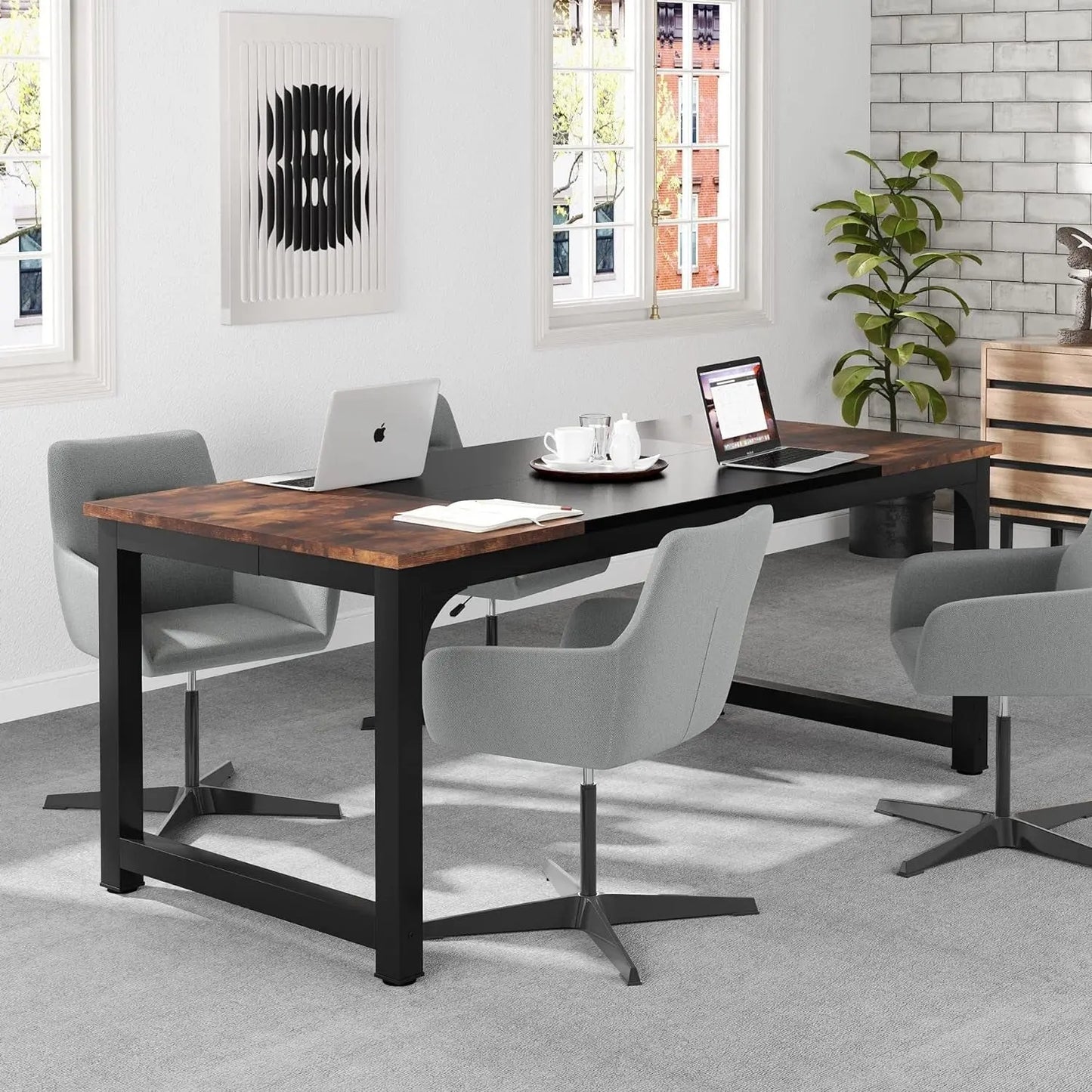 70.8”Executive Desk, Large Office Computer Desk with Thicken Frame, Modern Simple Workstation Business Furniture for Home Office, Rustic Brown/Black-2