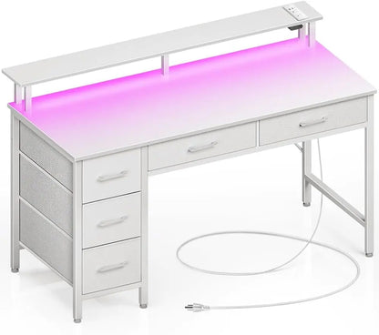 Computer Desk with Power Outlets & LED Light, 39 Inch Home Office Desk with 5 Drawers, Writing Desk with Monitor Stand, Work Desk for Home Office, White-0