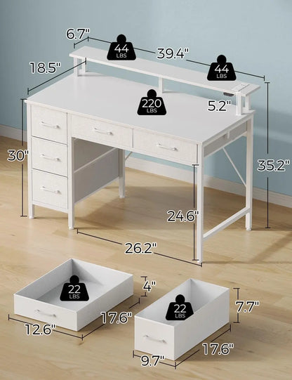 Computer Desk with Power Outlets & LED Light, 39 Inch Home Office Desk with 5 Drawers, Writing Desk with Monitor Stand, Work Desk for Home Office, White-2