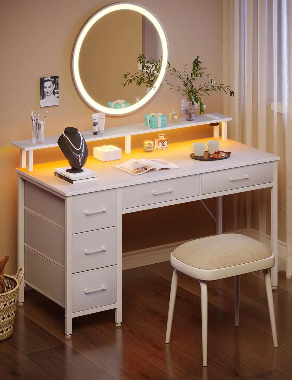 Computer Desk with Power Outlets & LED Light, 39 Inch Home Office Desk with 5 Drawers, Writing Desk with Monitor Stand, Work Desk for Home Office, White-3