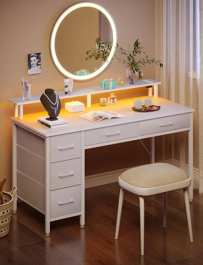 Computer Desk with Power Outlets & LED Light, 39 Inch Home Office Desk with 5 Drawers, Writing Desk with Monitor Stand, Work Desk for Home Office, White-3