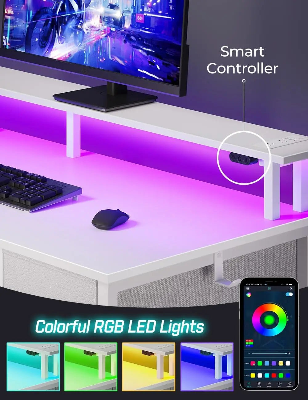 Computer Desk with Power Outlets & LED Light, 39 Inch Home Office Desk with 5 Drawers, Writing Desk with Monitor Stand, Work Desk for Home Office, White-4