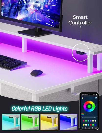 Computer Desk with Power Outlets & LED Light, 39 Inch Home Office Desk with 5 Drawers, Writing Desk with Monitor Stand, Work Desk for Home Office, White-4
